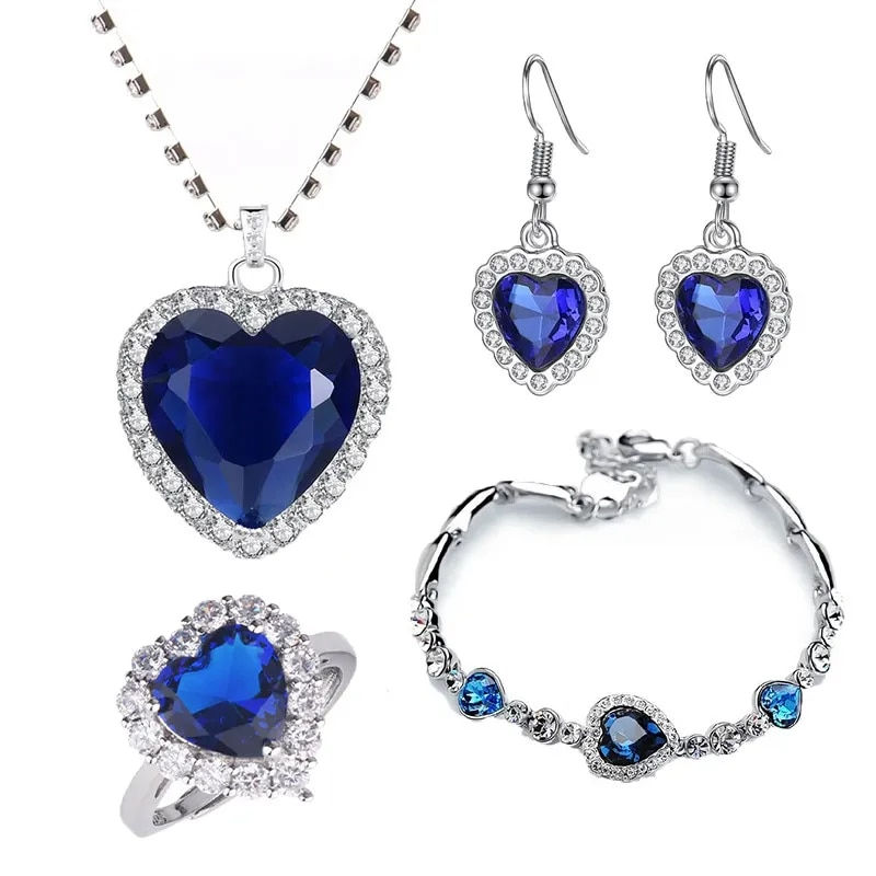 Thumbnail: 4Pcs/set Titanic Heart of Ocean Necklaces for Women Love Heart Blue Crystal Zir