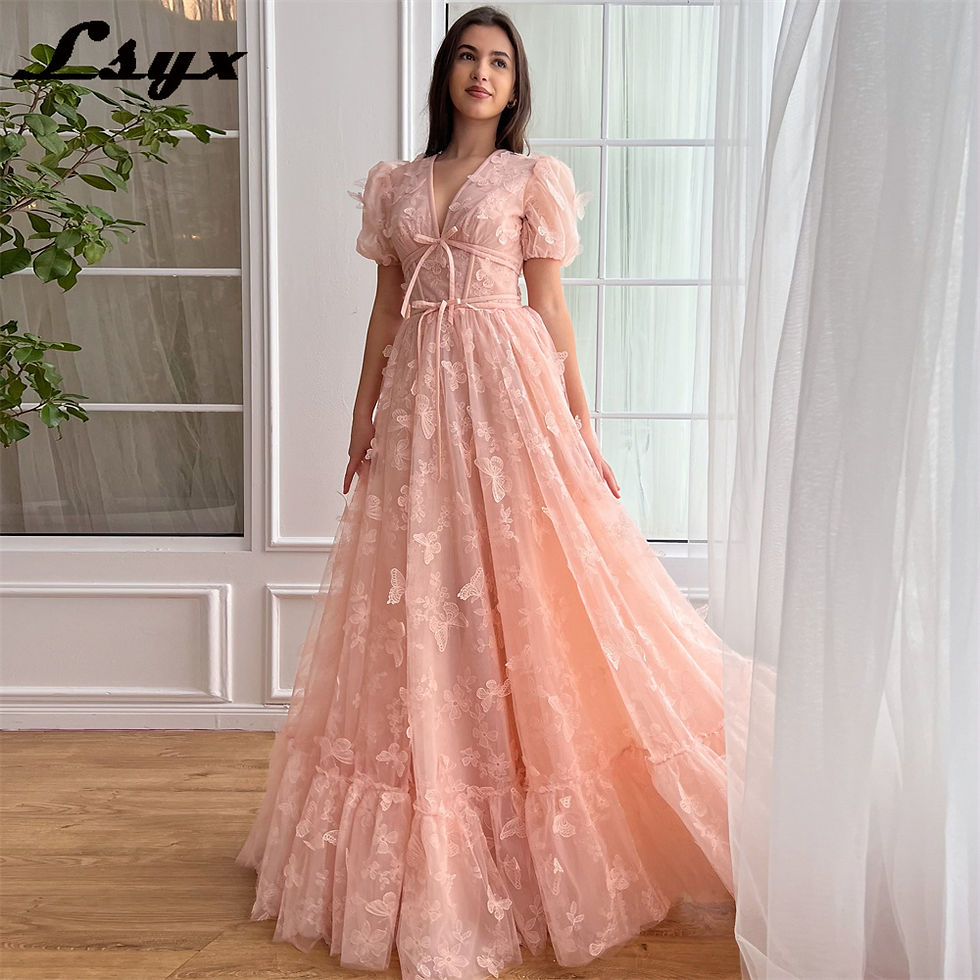 Miniatura: LSYX Above Knee Short Sleeves Butterflies Homecoming Dresses 2024 Tulle V Neck 