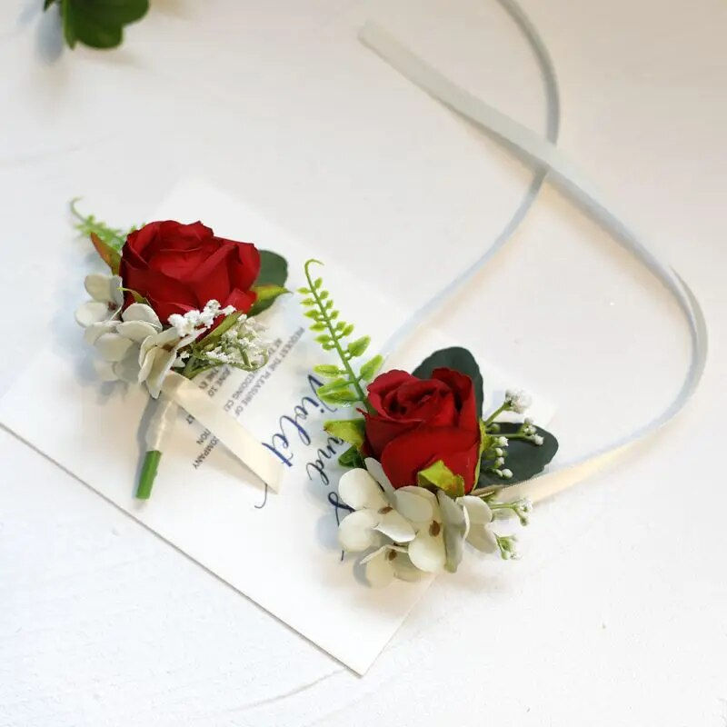 Miniatura: Roses Fabric Brooches Wrist Flowers Set Red Pink White Blue Women Men Pin Groom