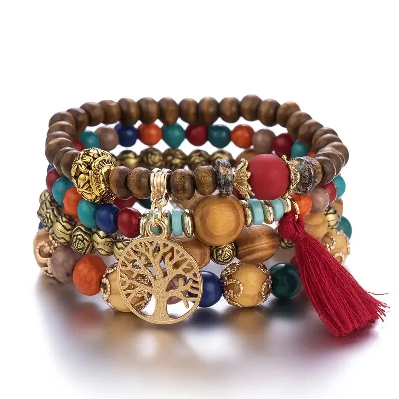 Miniatura: 4Pcs Bohemia Tree of Life Charm Beaded Bracelet Set for Women Tassel Multi Laye