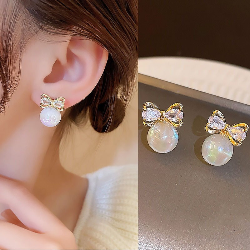 Thumbnail: Gold Color Metal Fashion Korean Pearl Earrings For Women Sparkling Zircon Penda