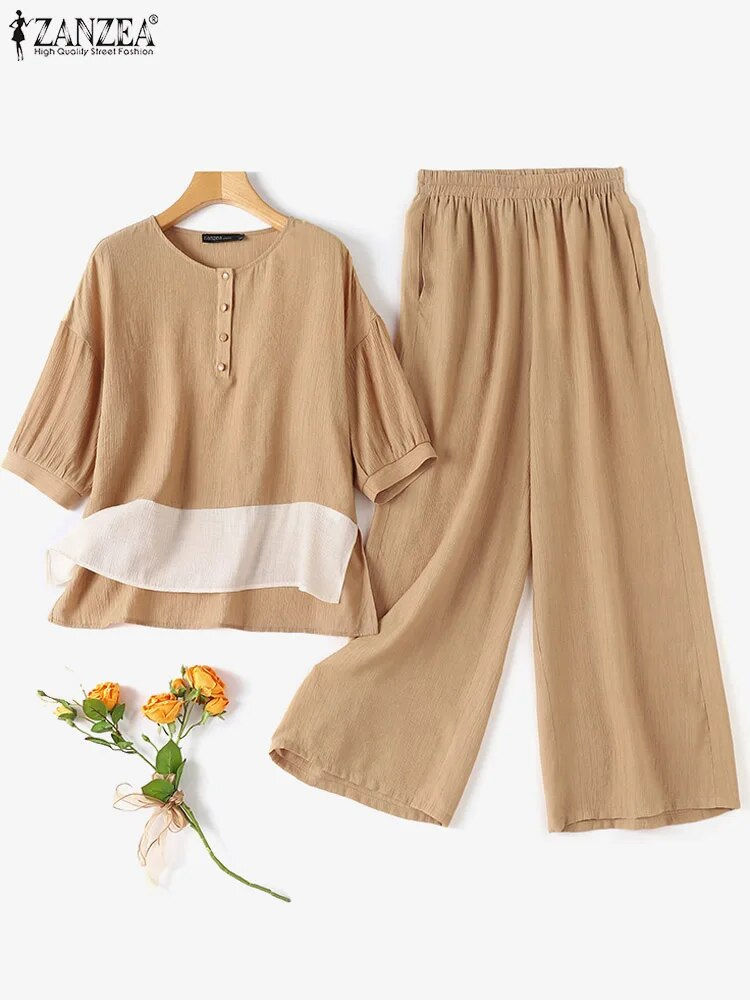Thumbnail: ZANZEA Women Vintage Wide Leg Trousers Suits Casual 3/4 Sleeve Patchwork Blouse