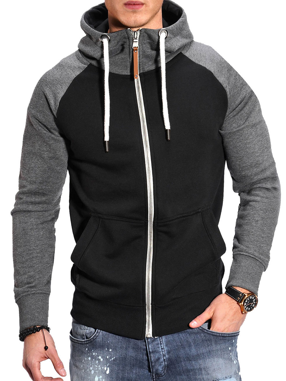 Thumbnail: Men's hooded sweatshirt with long sleeves, zippered closure, medium long pocket