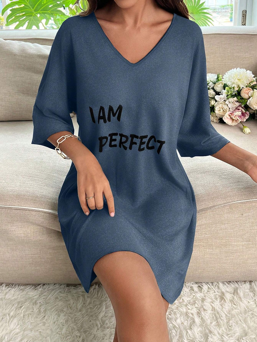 Thumbnail: Slogan Graphic Batwing Sleeve Pajama Nightdress
