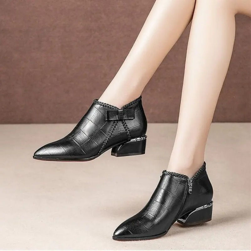 Thumbnail: Pointed Toe Beige Square Heel Women Boots 2024 Fashion Butterfly-knot Ankle Boo
