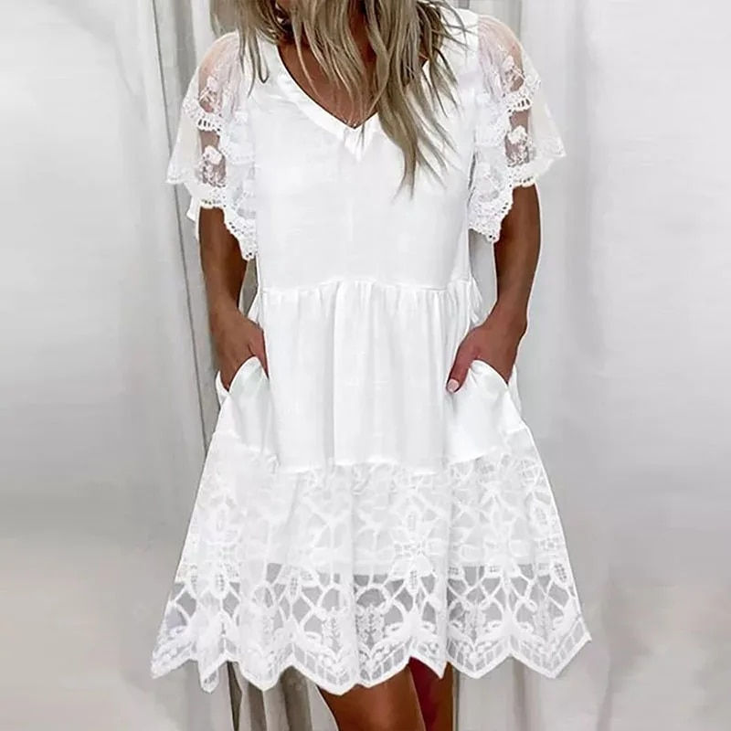 Thumbnail: Women V-Neck Short Sleeve Ruffles Mini Dresses Elegant White Color Embroidery L