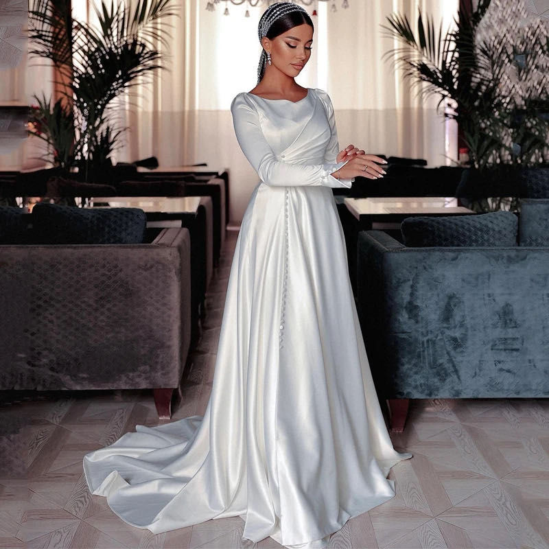 Elegant Satin Custom Made A Line Wedding Dress For Women 2024 Buttons Front Bri