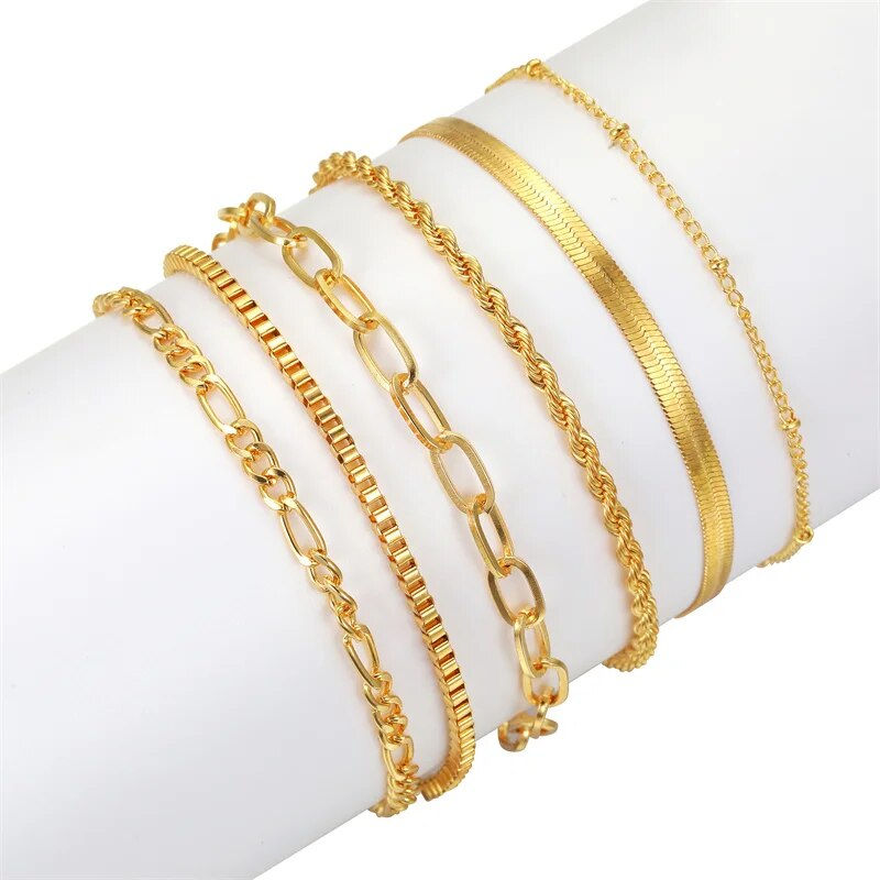 Thumbnail: 6Pcs Gold Color Bracelet Set Boho Retro Thick Twist Cuban Chain Bracelet for Wo