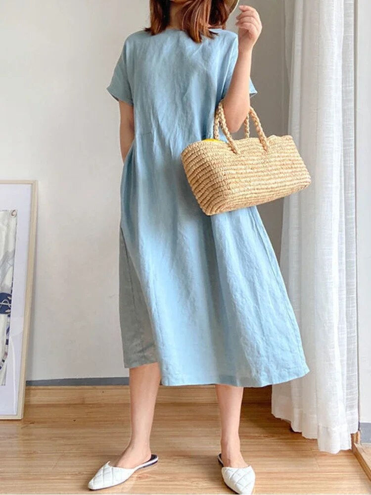Thumbnail: Summer Women Dress Casual Loose Short Sleeve A-LINE Oversize Solid Midi Dress C