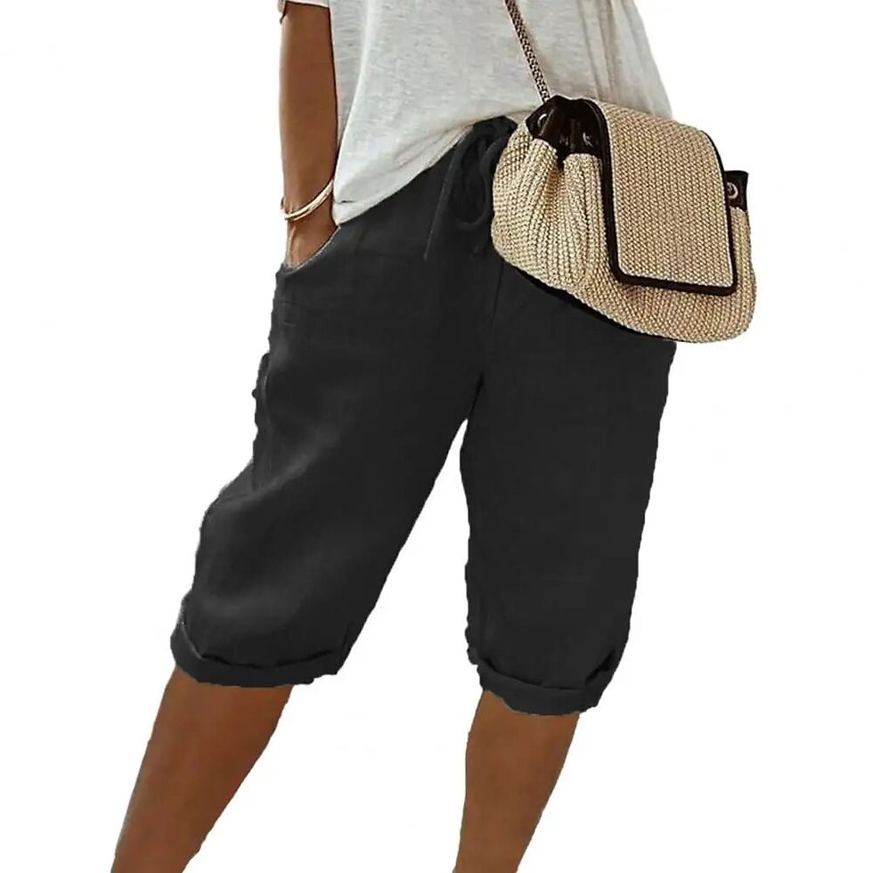Thumbnail: Women Cotton Linen Shorts Vintage Loose Wide Leg Trousers Drawstring Knee-lengt