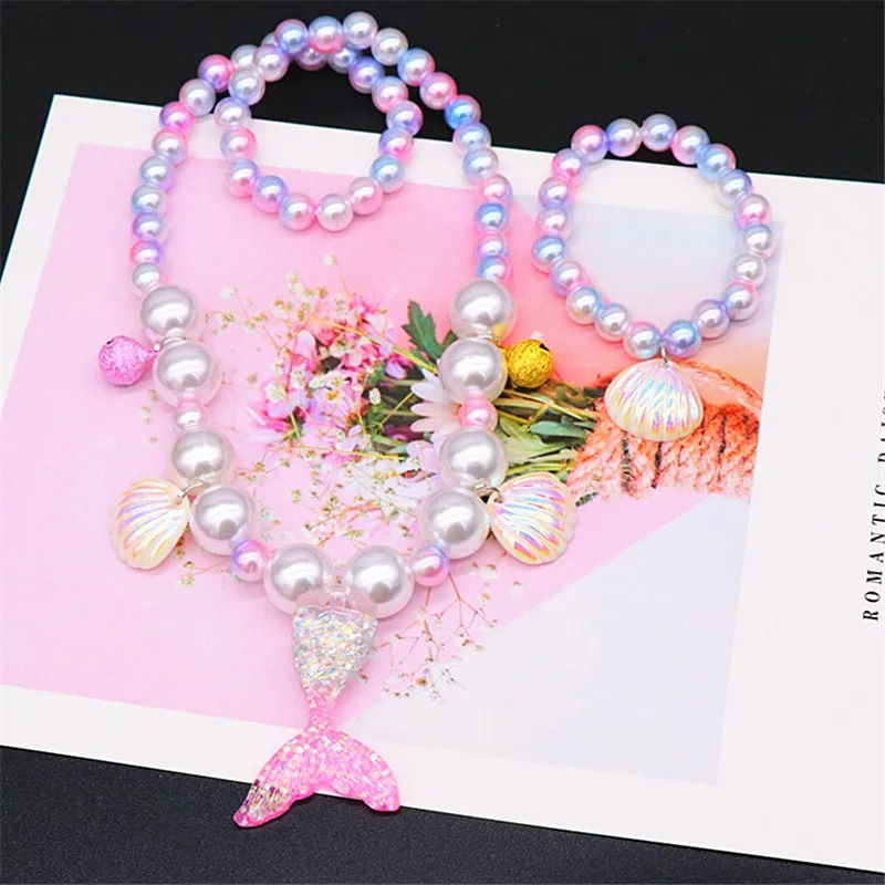 Thumbnail: 2/5pcs Girls Jewelry Sets Mermaid Pearl Necklace Bracelet Ring Earring Set Kids
