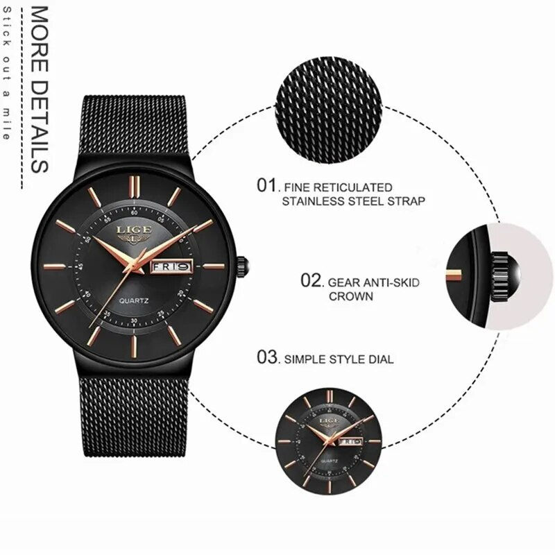 Thumbnail: LIGE 2024 Luxury Men Watches Waterproof Ultra Thin Date Clock Male Steel Strap