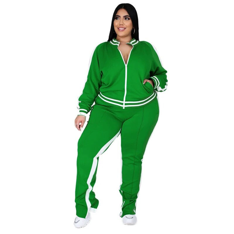 Thumbnail: Plus Size L-5XL Two Piece Set Women Sweatsuit Zip Striped Top Slit Sweatpants J