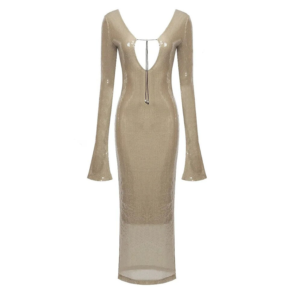 Miniatura: Elegant Lace Up Deep V Bandage Dress Long Sleeves Ankle Length Party Dresses fo
