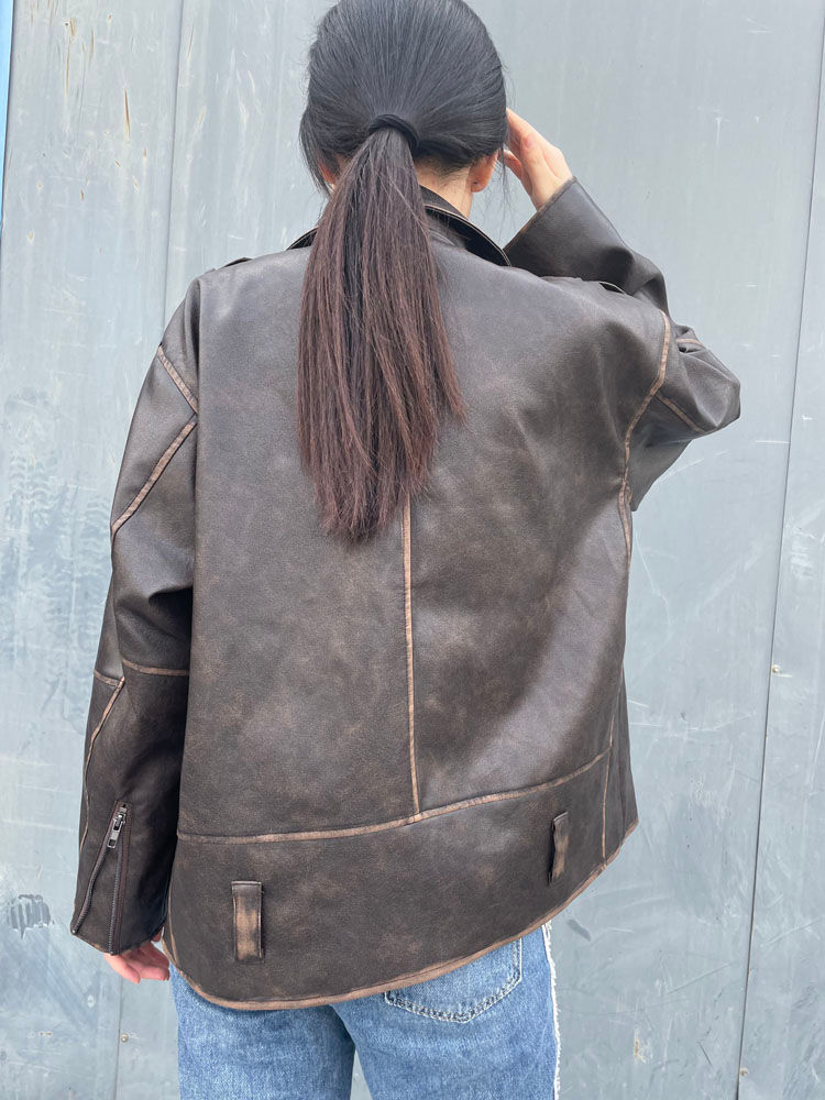 Thumbnail: RR2478 Streetwear Worn Effect Bike Leather Jackets For Women Oversized Boyfrien