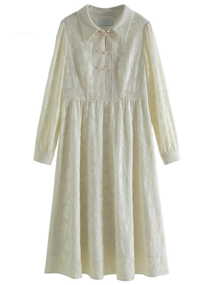 Thumbnail: DUSHU New Chinese Style Polo Neck Women Long Sleeve Lace Design Temperament Dre