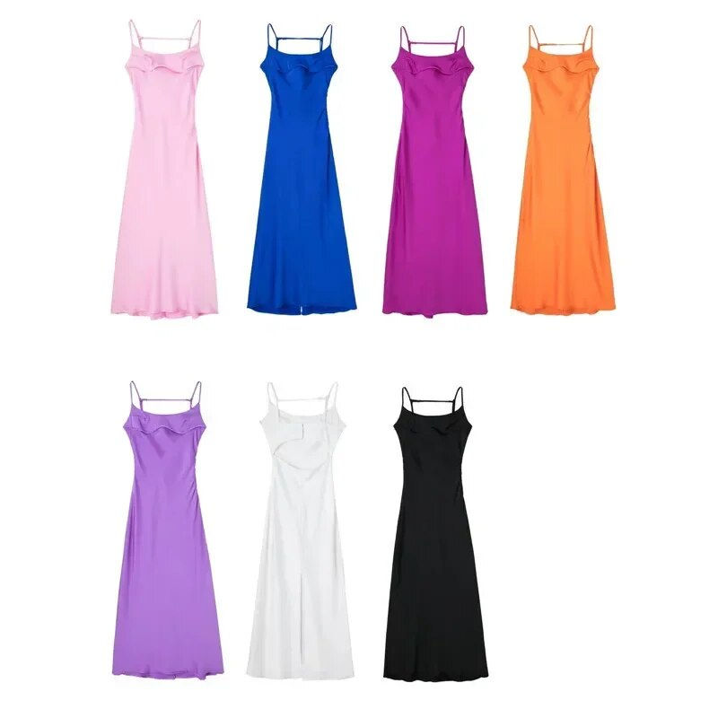 Miniatiūra: 2022 Pink Camis Satin Long Dresses Elegant Sleeveless Slip Holiday Party Dresse