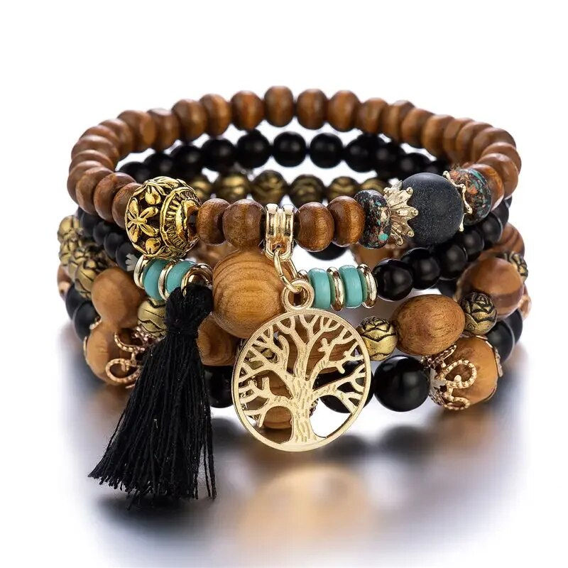 Miniatura: 4Pcs Bohemia Tree of Life Charm Beaded Bracelet Set for Women Tassel Multi Laye