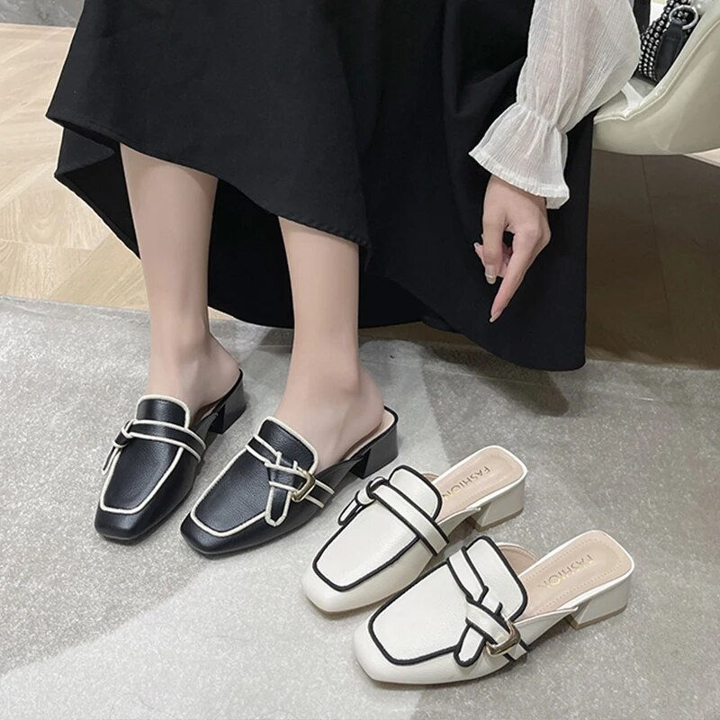 Miniaturebillede: Black Mules Shoes For Women Slip On Square Heel Slippers Women 2024 New Luxury
