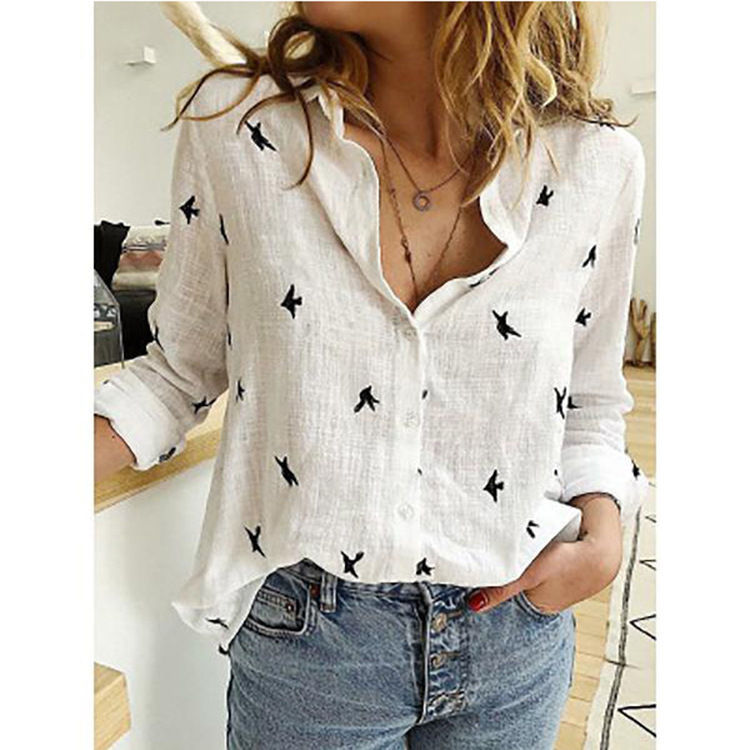 Thumbnail: Women Casual Long Sleeve Cotton Linen Loose Shirt Elegant Solid Harajuku Lapel 