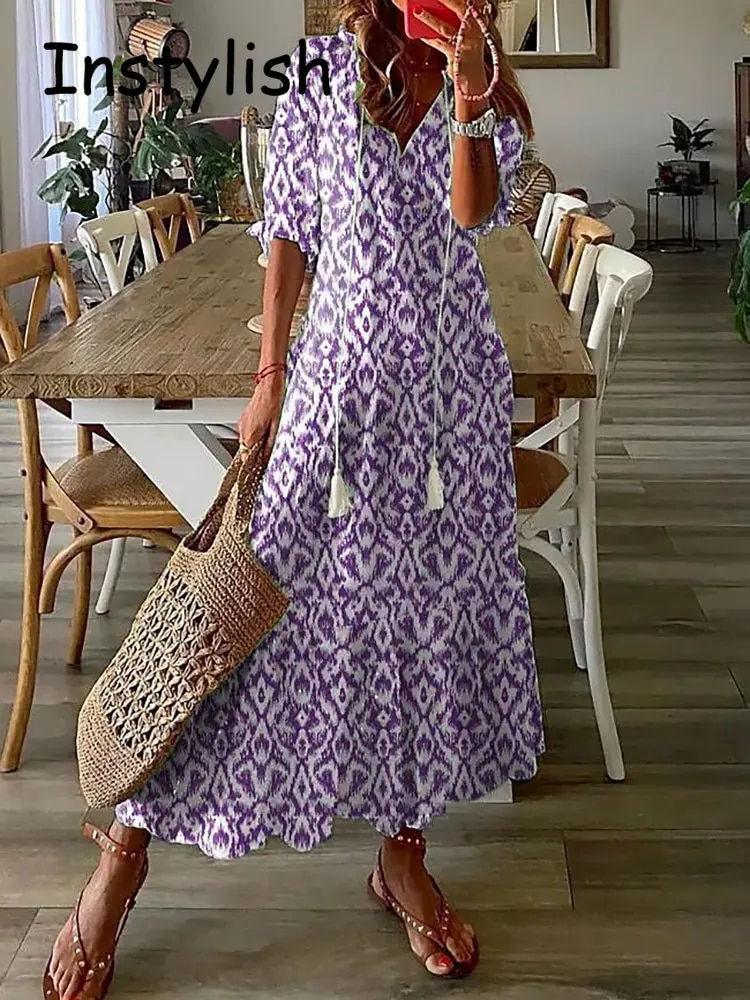 Thumbnail: Women Elegant V Neck Print Long Dress Vintage Harajuku Half Sleeve Bohemian Max