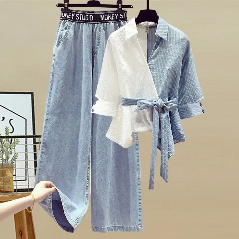 Minijatura: 2022 Summer New Stitched Chiffon Shirt Female Set Elegant Women's Jeans Casual