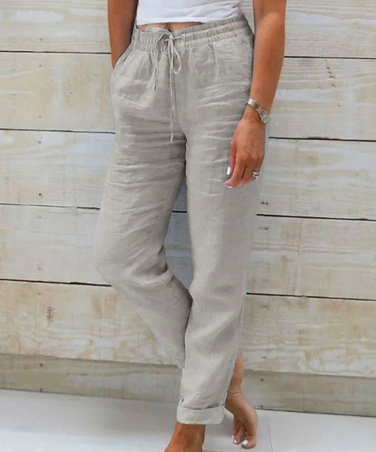 Cotton And Linen Women's High Waist Elastic Waist Solid Color Cotton And Linen