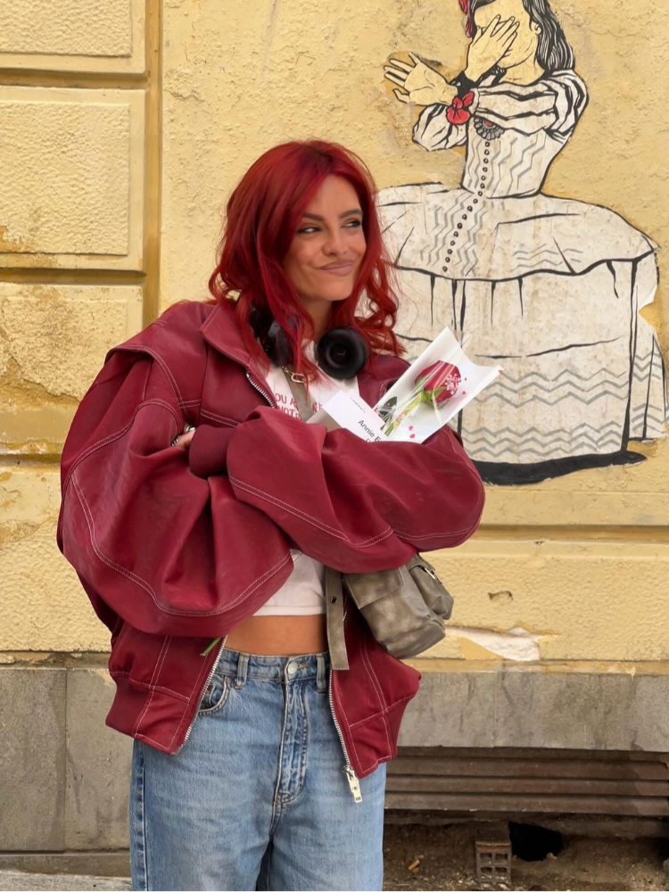 Sličica: Women Wine Red Zipper Leather Jacket Casual Long Sleeve Lapel Cropped Coat Vint