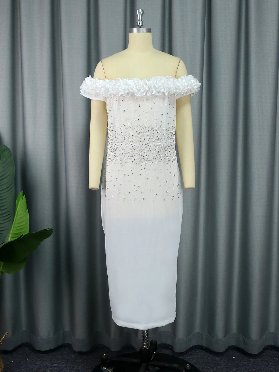 Thumbnail: White Ruffle Diamonds Party Dress For Women Sheath Bare Shoulder Slash Neck Gli
