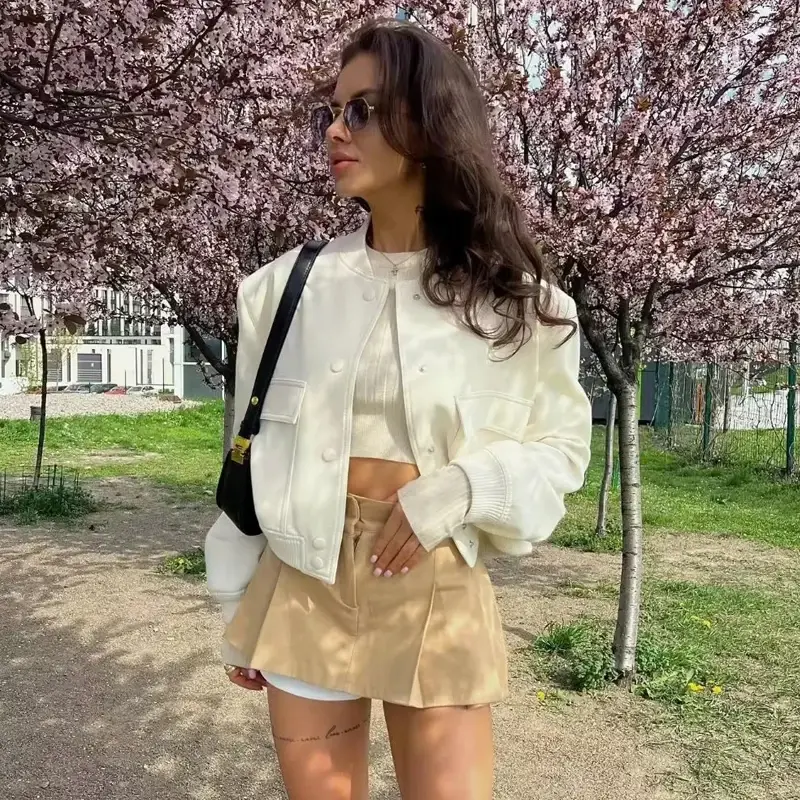 Thumbnail: Woman Bomber Jacket Coat White Autumn Winter Button Baseball Aviator Cropped Ja