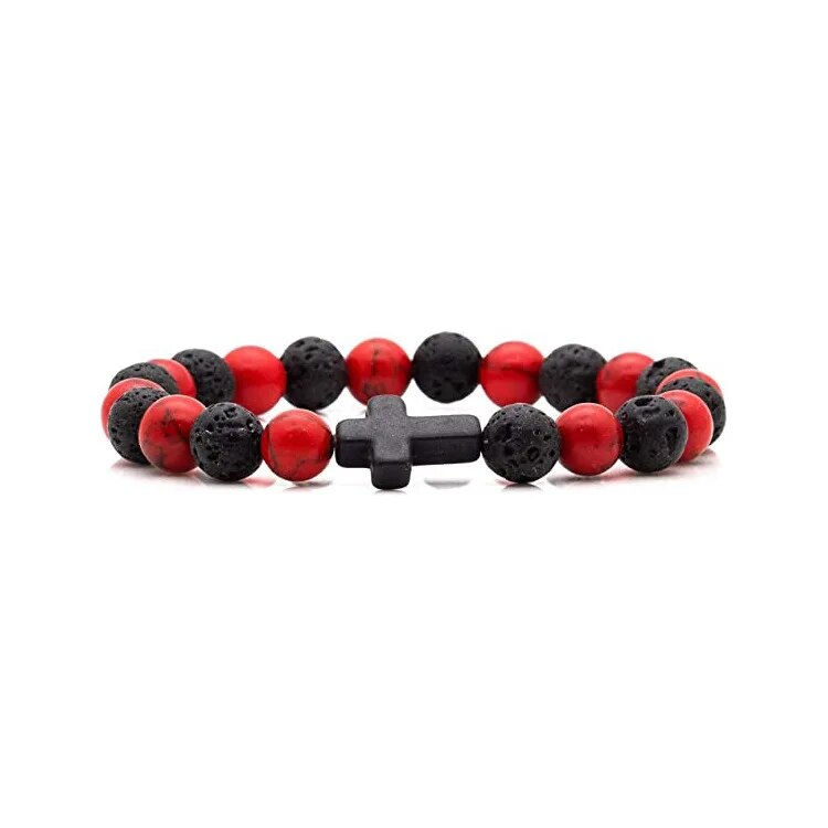 Thumbnail: Men Natural Stone Bead Cross Bracelet Onyx Meditation Bracelet Women Yoga Jewel