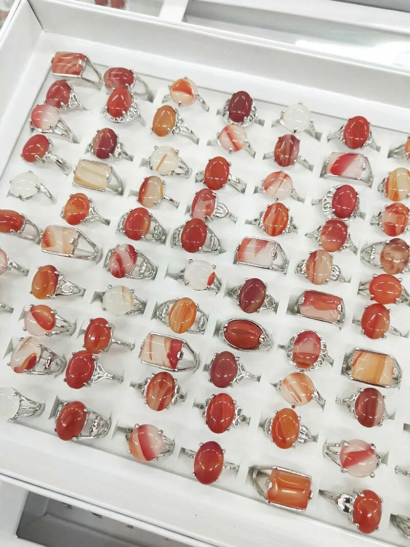 Thumbnail: Wholesale 10Pcs/lot Mix Random Color Style Nature Stone Alloy Rings Fashion Jew