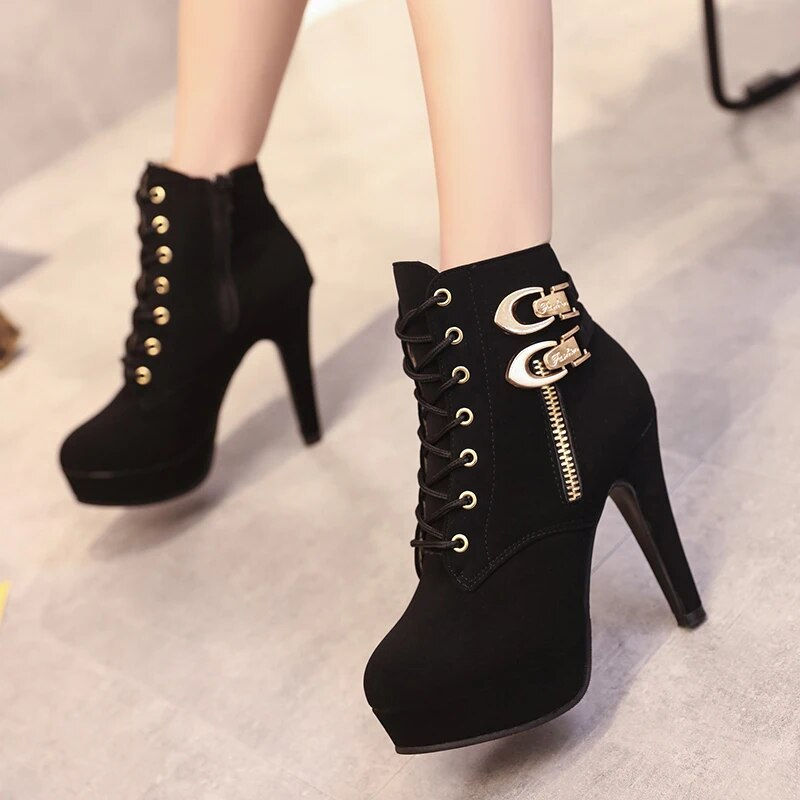 Thumbnail: Plus Size Ankle Boots Women Platform High Heels Female Lace Up Shoes Woman Buck