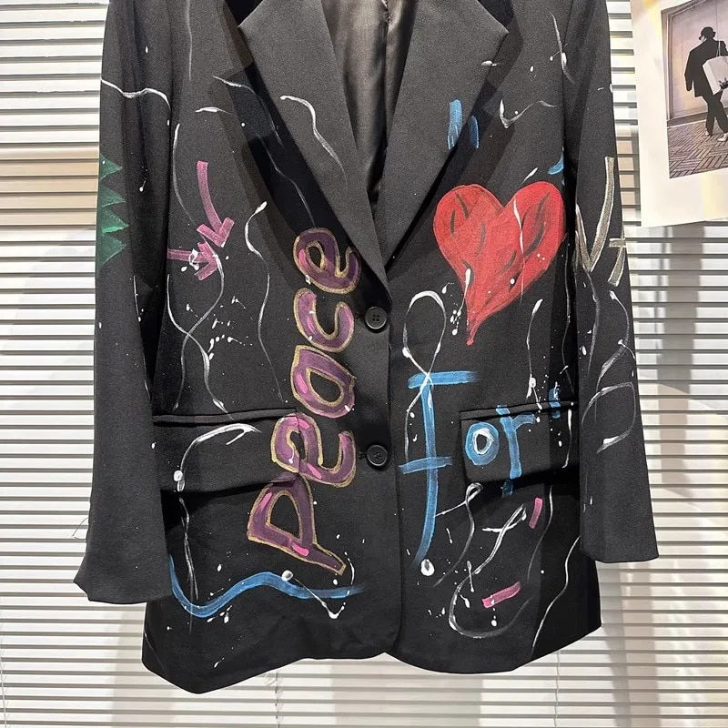 Miniature : Spring Autumn New Colorful Letters Graffiti Pattern Loose Blazers Women Single-