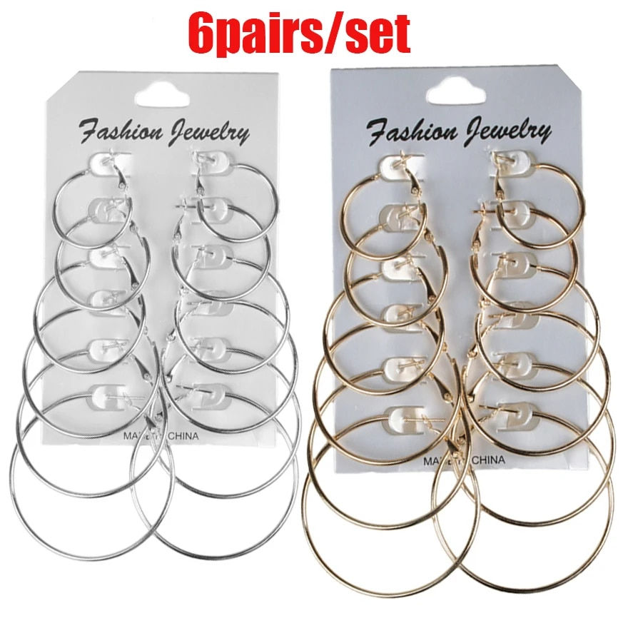 Thumbnail: 12Pairs/6Pairs/1Pair Simple Punk Hoop Earrings Set Big Circle Earrings Jewelry
