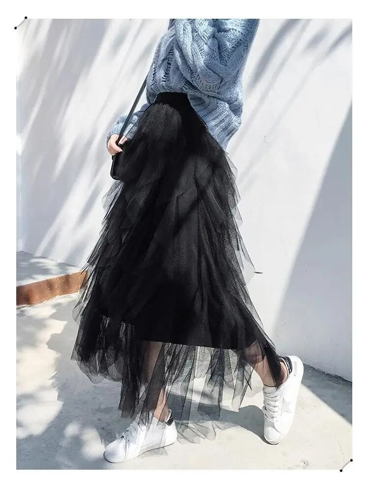 Thumbnail: Tutu Tulle Long Maxi Skirt Women Fashion Korean Cute Pink High Waist Pleated Sk