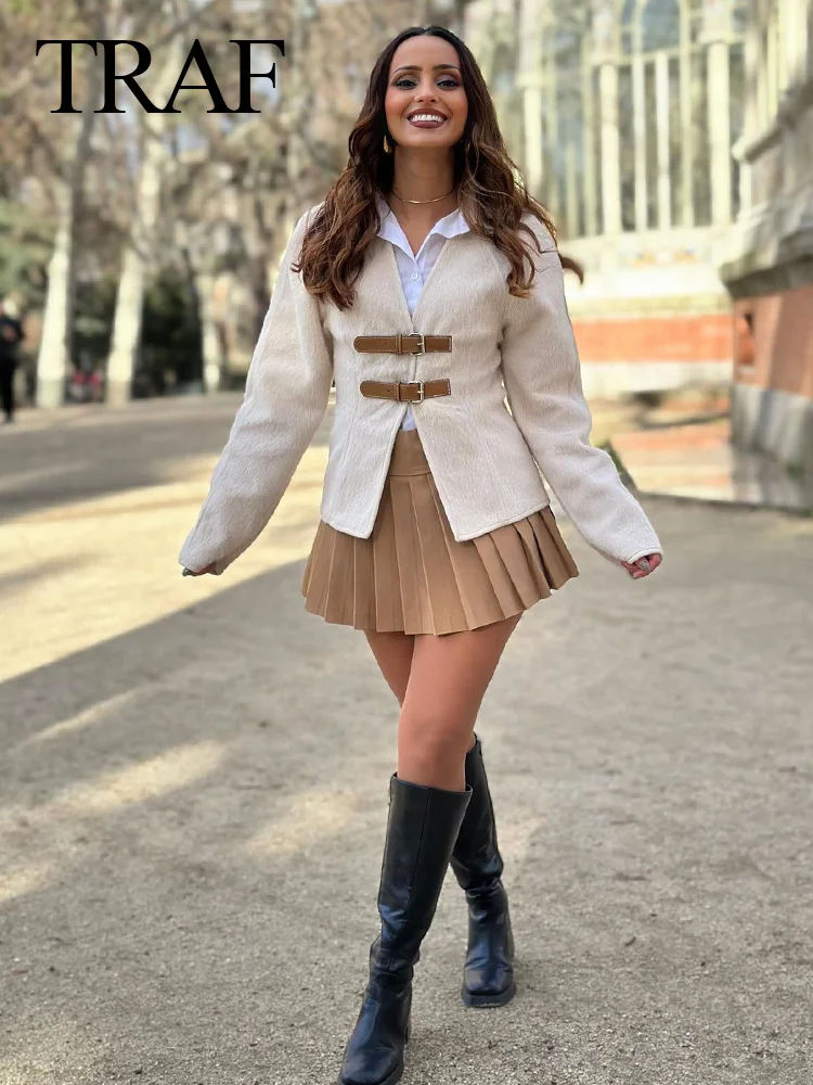 Thumbnail: TRAF Woman Vintage White Leather Buckle Woolen Jacket Female 2024 Elegant Long 