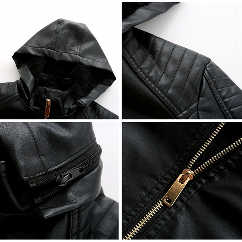 Thumbnail: Winter New Black Fleece Hooded Leather Jacket Women's Fashionable Trim Motorcyc