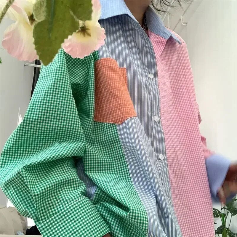 Thumbnail: Korean Fashion Button Up Shirt for Women Asymmetrical Patchwork Blouse Casual C