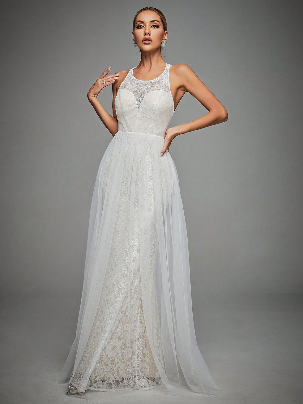 Thumbnail: Contrast Lace Mesh Overlay Wedding Dress