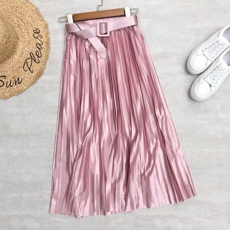 Thumbnail: Seoulish 2023 New Solid Elegant Stain Women's Pleated Skirts with Belted High W