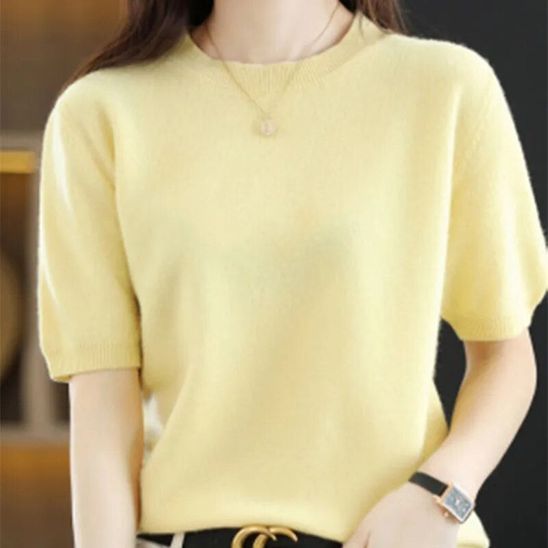 Thumbnail: Spring and Summer New Short-sleeved Women O-neck Slim Wool Cotton Blend Pullove