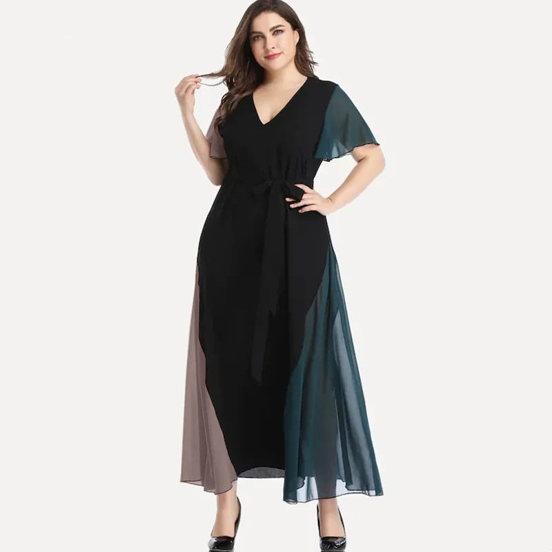 Miniature : Plus Size V-neck Summer Elegant Chiffon Party Dress Women Short Sleeve Maxi Cas