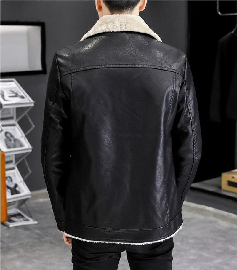 Miniature : Mens Pu Leather Jackets Casual Fashion Slim Windbreak Faux Fur Plush Leather Co