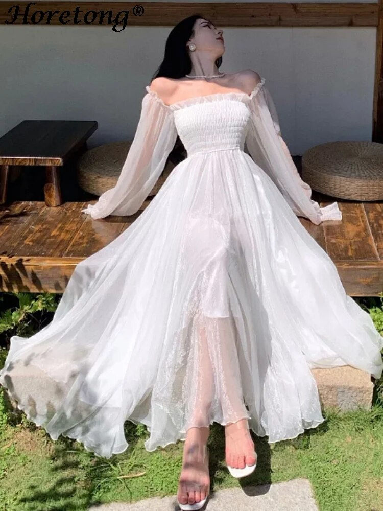 Thumbnail: Horetong Elegant Maxi Dresses For Women White Off Shoulder Puff Long Sleeve Ela