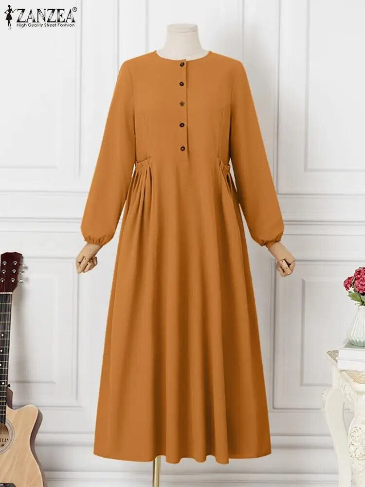 Miniature : ZANZEA Fashion Eid Mubarek Ramadan Turkey Dress Women Long Sleeve Solid Muslim