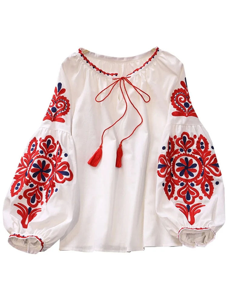 Miniatyrbild: EWQ Sweet Style Women Pullover Shirts Embroidery Patchwork Bandage V-neck Lante