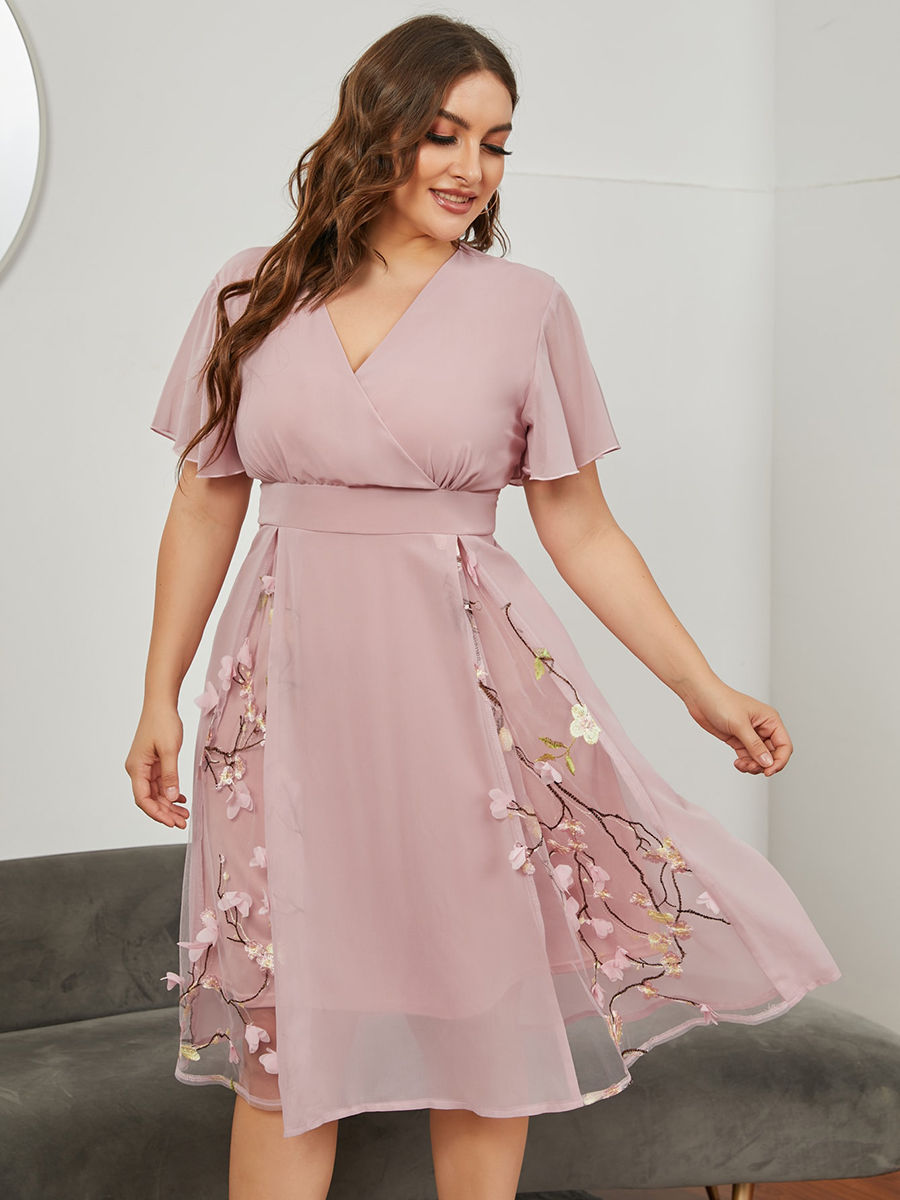 Thumbnail: Plus Size Summer Casual Dresses Woman 2022 Short Sleeve Embroidery Floral Chiff