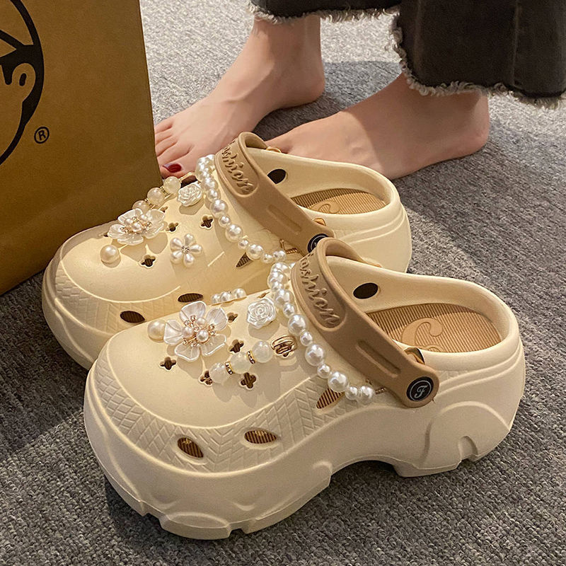 Thumbnail: Pearl Chain Chunky Platform Sandals for Women 2024 Summer Thick Sole Beach Sand