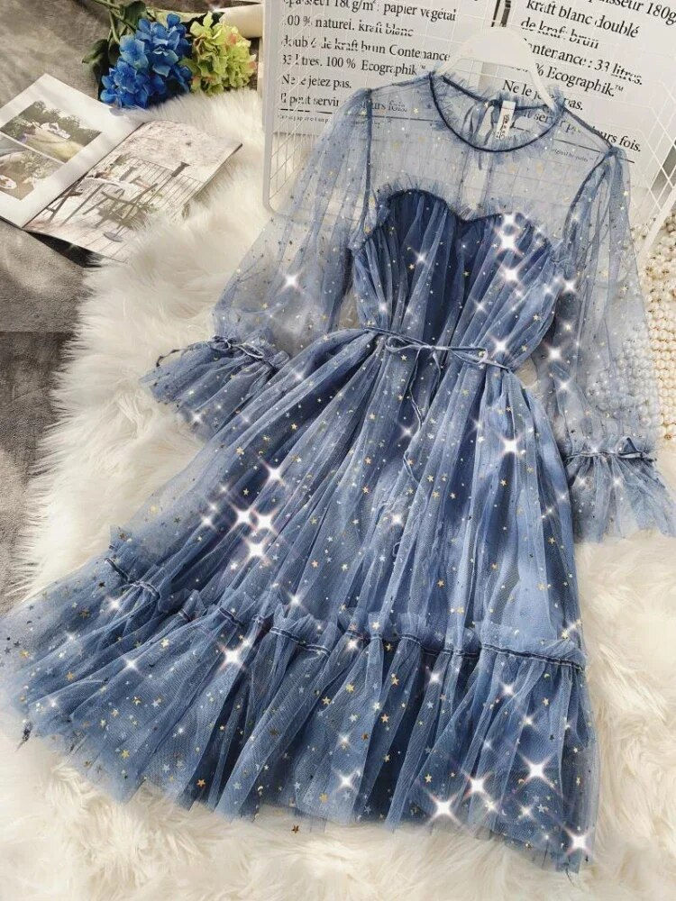 Thumbnail: 2023 New Female O-neck Stars Sequined Mesh Shiny Fairy Dress Women Elegant Blin